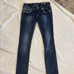 Miss Me Dark Wash Skinny Jeans with Embellished Pockets